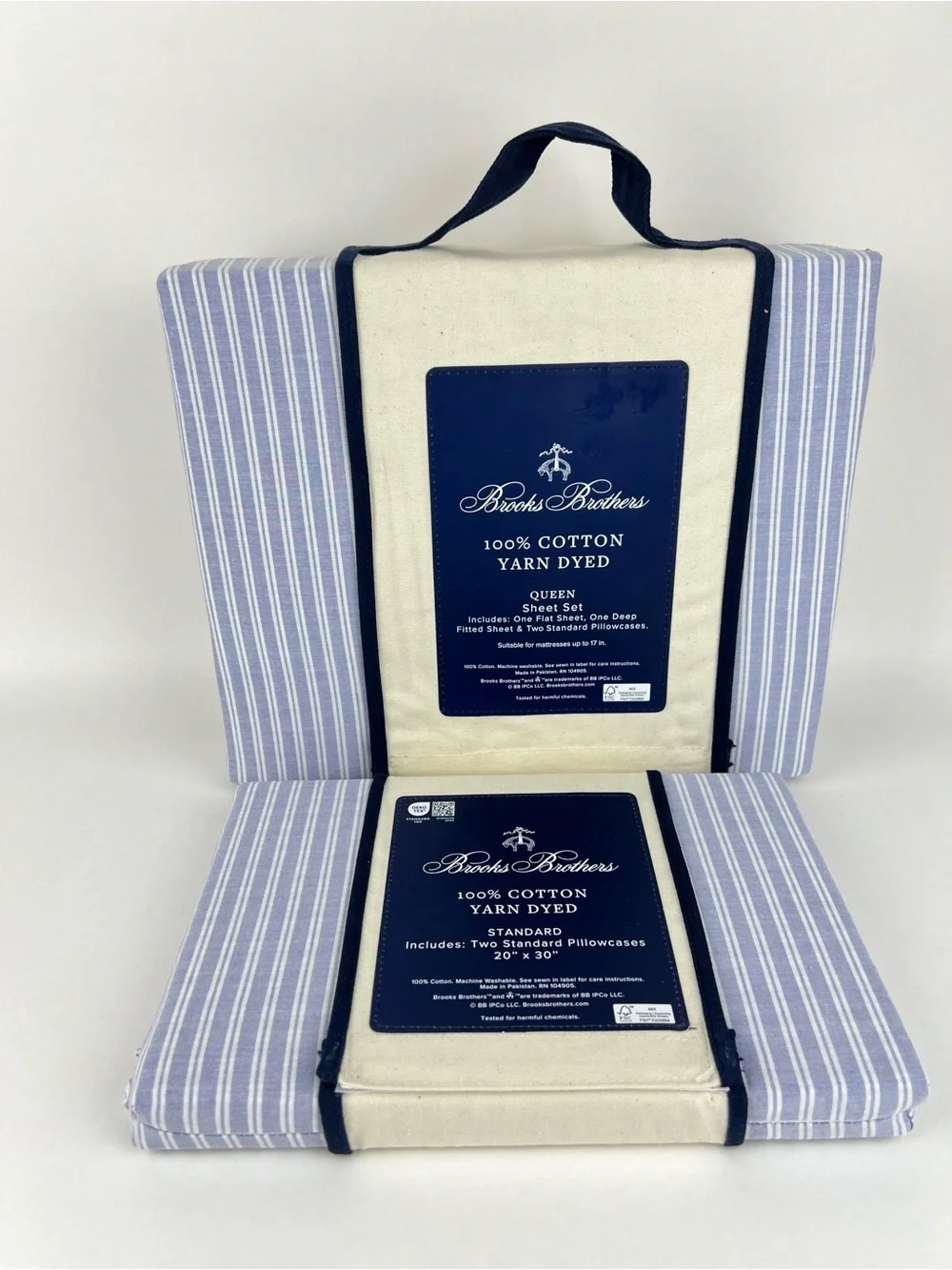 6 Pc Brooks Brothers Queen Sheet Set Blue White Stripe Cotton Yarn Dyed NEW